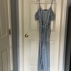 Blue and white striped pants suit romper. Off the shoulder